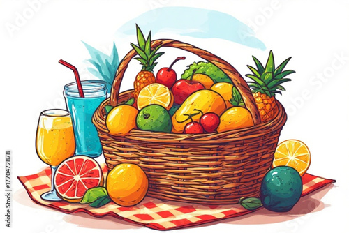 A woven basket overflowing with colorful fruits and refreshing drinks on a checkered picnic blanket.