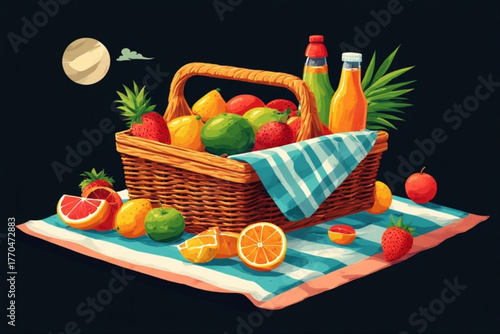 A wicker basket filled with various fruits and bottles, sitting on a striped blanket under a moonlit sky.