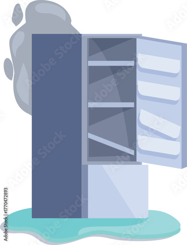 Open empty refrigerator leaking and smoking, representing appliance malfunction and the need for repair or replacement