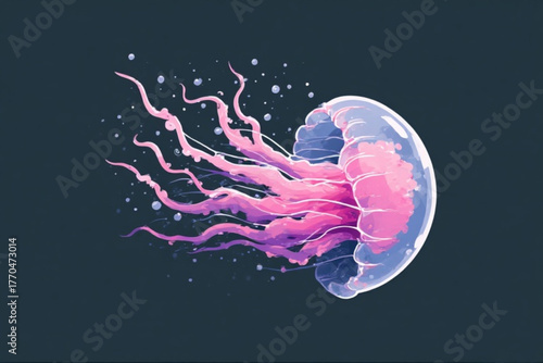 Illustration of a jellyfish with flowing tentacles in shades of pink and purple against a dark background.