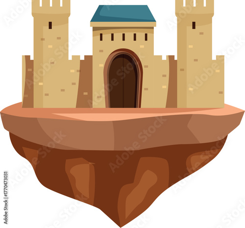 Cartoon illustration of a medieval castle floating on a rock island, creating a magical and surreal scene