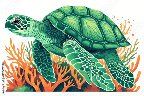 A stylized illustration of a green sea turtle swimming near coral, showcasing its shell pattern and flippers in vibrant colors.