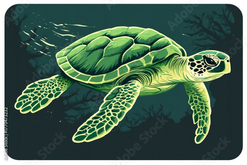 Illustration of a green sea turtle gracefully swimming underwater, with sunlight filtering through the water.