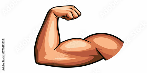 Cartoon illustration of a muscular bicep flexing with a clenched fist on a white background