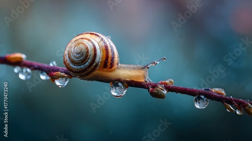 Snail on branch raindrops