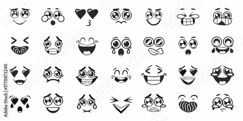 Collection of diverse cartoon facial expressions and emotions in black and white