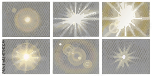 Collection of six abstract light flares and lens effects on a transparent grid background