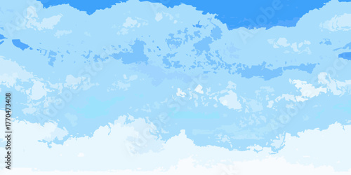 Abstract watercolor style painting of a bright blue sky filled with soft white and light blue clouds