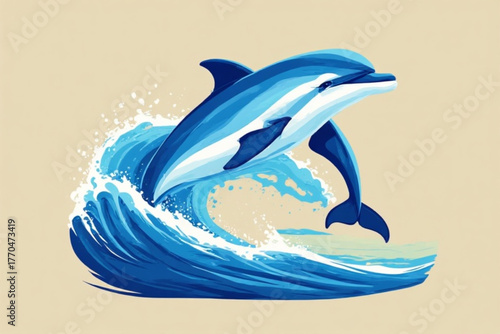 A vibrant blue dolphin leaps gracefully through a crashing ocean wave.