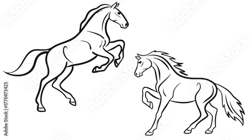 Two outlined horses one rearing up and the other standing on hind legs in a simple black and white drawing created with generated ai