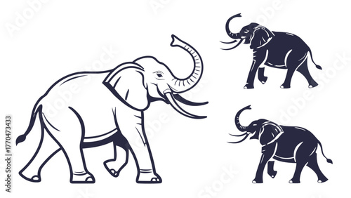 Illustration featuring a large outlined elephant alongside two smaller dark elephants in profile view created with generated ai
