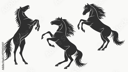 Three black silhouette horses rearing up on their hind legs against a white background in elegant poses created with generated ai