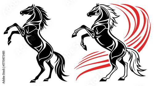 Two stylized horses rearing up one with red curved lines behind it in a black and white design created with generated ai