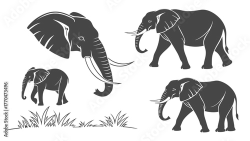 Illustration of multiple elephants in various poses with grass at the bottom in grayscale style created with generated ai