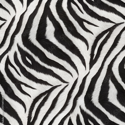 A realistic zebra fur texture, A black and white striped animal print background, Photorealistic image - Generative AI
