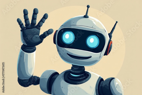 Friendly robot with a white body waves its hand, smiling with glowing eyes.