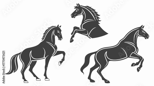 Three stylized horses in varying poses against a white backdrop in a simple black and white design created with generated ai