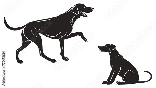 Two black dogs one standing with raised paw and one sitting facing the other on a white background created with generated ai