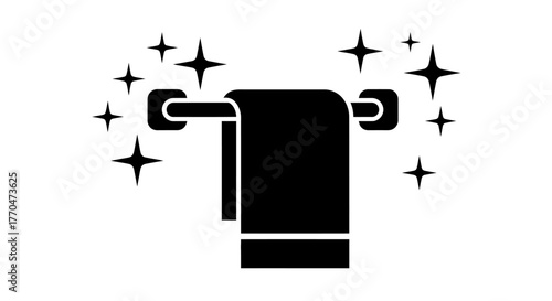 A black silhouette of a towel hanging on a bar with sparkling stars.