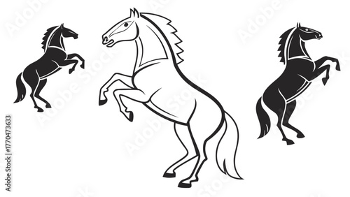 Three horses rearing up on their hind legs with two black and one outlined in the center pose created with generated ai