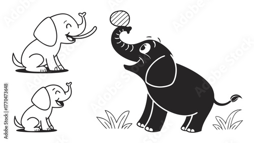Three cartoon elephants playing with a ball in a black and white illustration of animal characters created with generated ai
