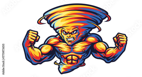 A muscular cartoon character with a tornado-shaped head, flexing its arms.