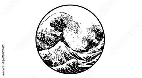 A monochromatic circular illustration depicts crashing ocean waves with intricate detail.