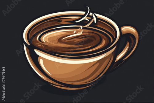 A steaming cup of coffee swirls with rich brown tones, offering warmth.
