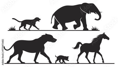 Silhouette of animals including dogs horse and elephant in black and white vector illustration art created with generated ai