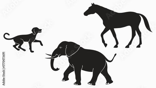 Silhouette illustration featuring a dog, an elephant, and a horse in a black and white design created with generated ai