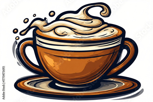 A stylized illustration of a coffee cup overflowing with whipped cream.