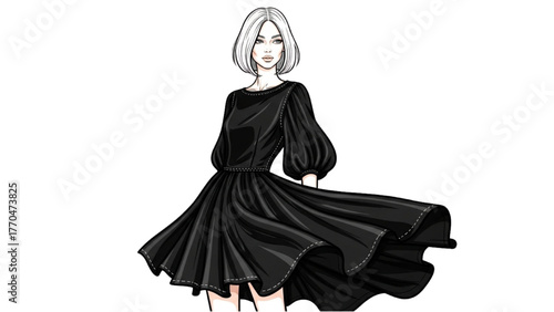 High-Quality Black Outline Colorful Realistic Art of Girl Wearing Iconic Little Black Dress, Flowing Fabric, Detailed Neckline, Elegant Chic Fashion Illustration on White Background