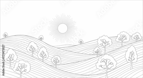 A minimalist grayscale illustration of a rolling landscape with trees and sun.