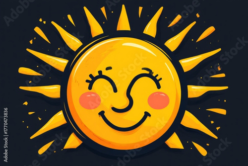 Cartoon illustration of a happy, smiling sun with rosy cheeks, radiating light on a dark background.
