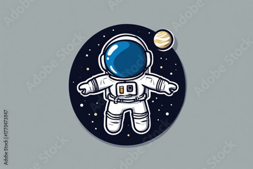 Cartoon astronaut floating in space with a planet and stars on a dark blue background.
