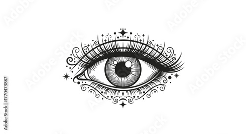Detailed eye illustration with long lashes and decorative swirls on a white background.
