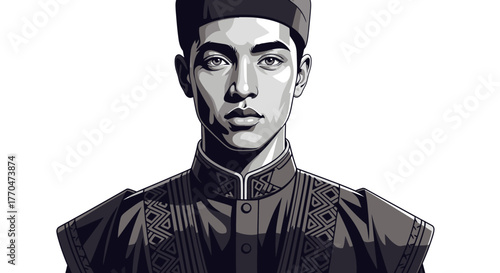 Portrait of a young man wearing traditional clothing and a hat, looking directly at the viewer.