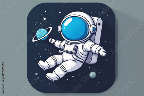 Cartoon astronaut floating in space with a planet, stars, and dark background.