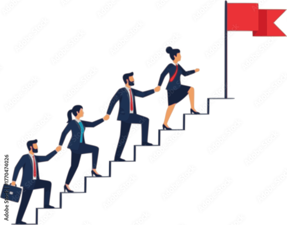 Fototapeta premium Business team of businesspeople climbing stairs together towards a red flag at the top, symbolising business success in a flat design vector illustration