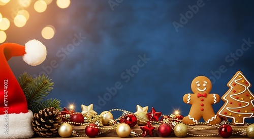 Christmas decorations with santa hat and gingerbread man on wooden table
