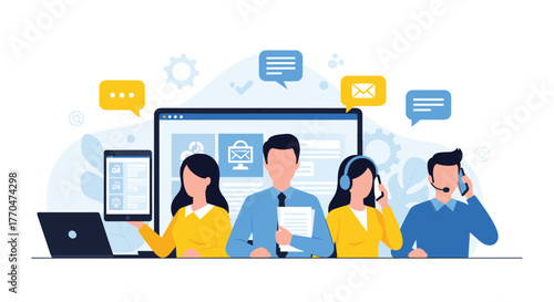 Professional customer support team collaborating on digital communication and problem solving with technology for excellent service