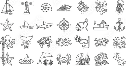Nautical Elements Thin Line Icons Sailboat, Lighthouse, Shark, Turtle, Starfish, Ship