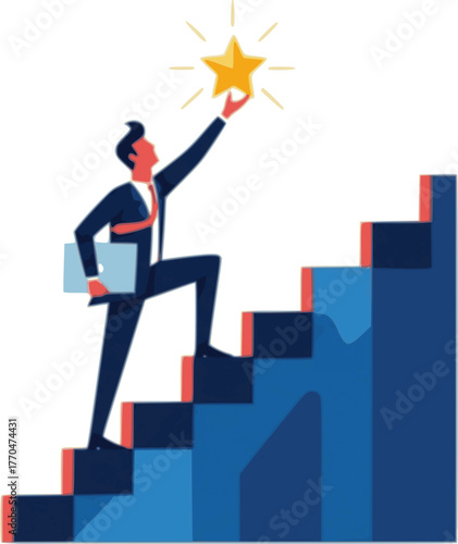 A determined business man with a laptop stands on top of a set of stairs, reaching up to grab a shining golden star in a flat design vector illustration
