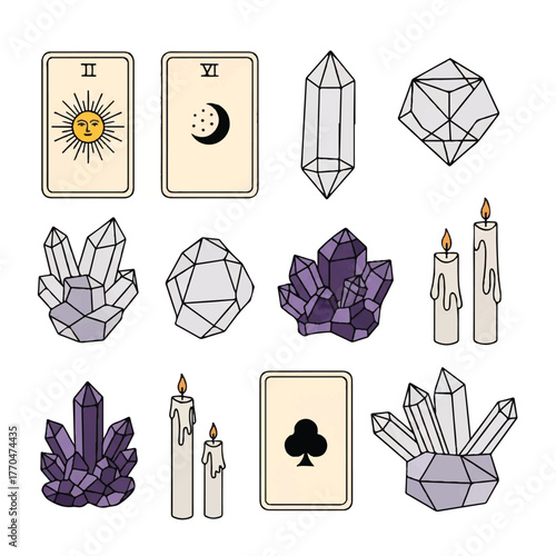Vector illustration of tarot cards, crystals, and candles on a white background with mystical and spiritual elements.