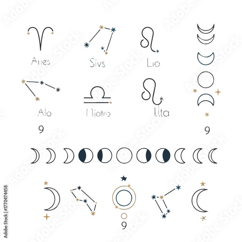 Vector illustration of zodiac signs and moon phases on a white background