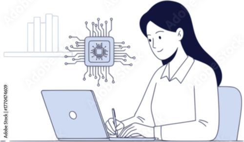 Using AI at work - Woman working and writing on laptop computer with the help of artificial intelligence assistant chip at work in office. Flat design stock illustration with white background