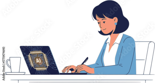 Using AI at work - Woman working and writing on laptop computer with the help of artificial intelligence assistant chip at work in office. Flat design stock illustration with white background