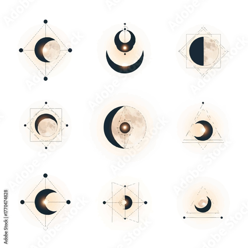 Vector illustrations of moon phases in geometric shapes with earthy tones on white background