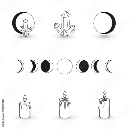 Vector illustrations of moon phases and candles with crystals on a white background