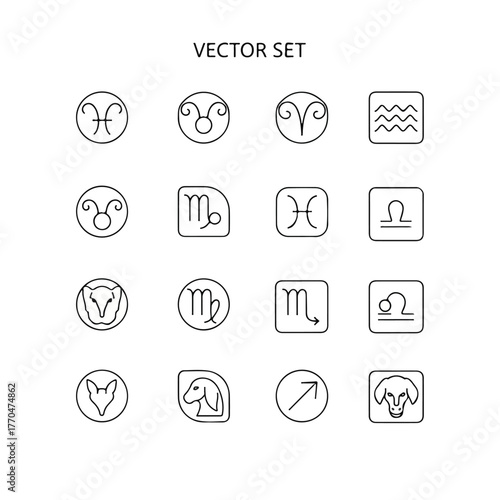 Vector set of zodiac signs icons in a minimalist line art style on a white background